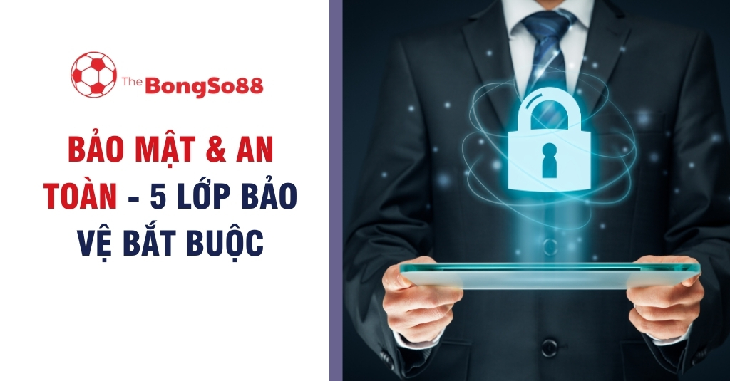 Người đàn ông mặc vest cầm máy tính bảng với biểu tượng ổ khóa, bên cạnh là nội dung "Bảo mật & An toàn - 5 lớp bảo vệ bắt buộc".