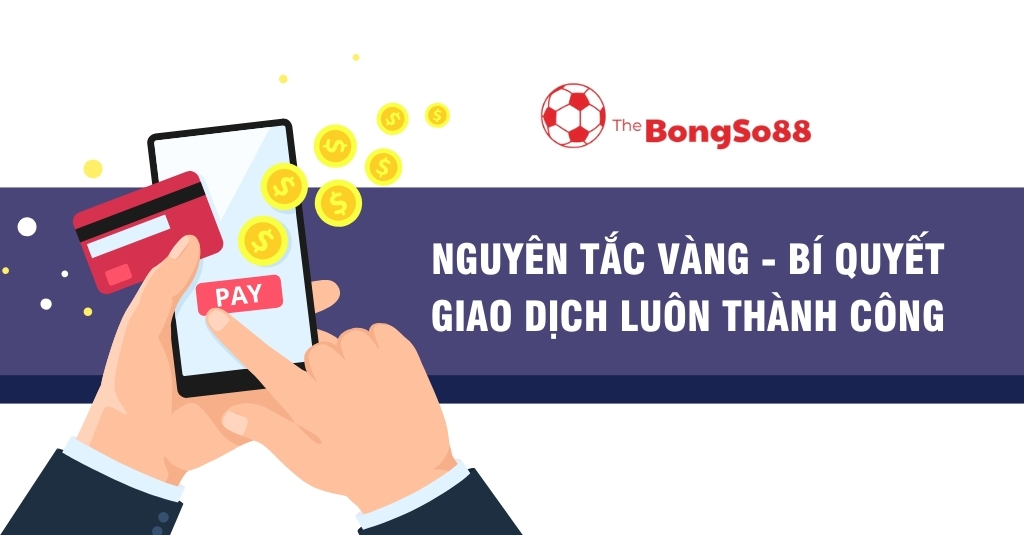 Bàn tay cầm thẻ tín dụng thanh toán trên điện thoại với nội dung "Nguyên tắc vàng - Bí quyết giao dịch luôn thành công".