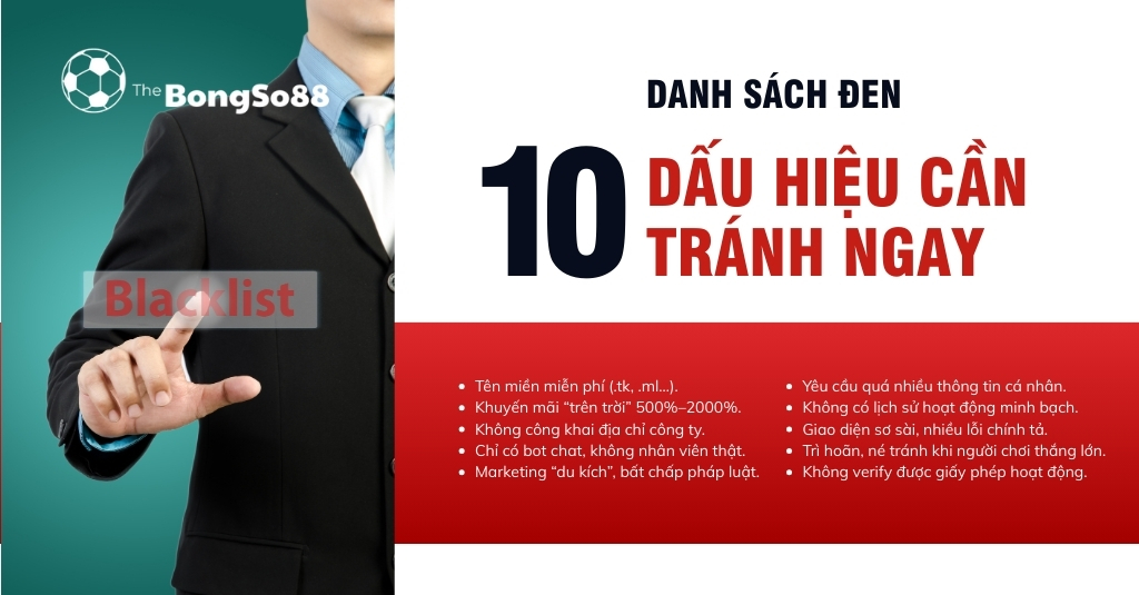 Danh sách đen 10 dấu hiệu nhận biết một trang web không uy tín, với hình ảnh một người mặc vest chỉ vào chữ "Blacklist".