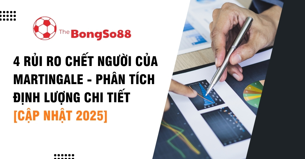 Bàn tay cầm bút chỉ vào biểu đồ tài chính. Tiêu đề: "4 rủi ro chết người của Martingale - Phân tích định lượng chi tiết".