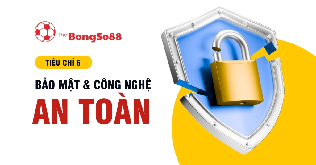 Khiên xanh và ổ khóa vàng minh họa cho tiêu chí 6 về "Bảo mật & Công nghệ An toàn" của The BongSo88.