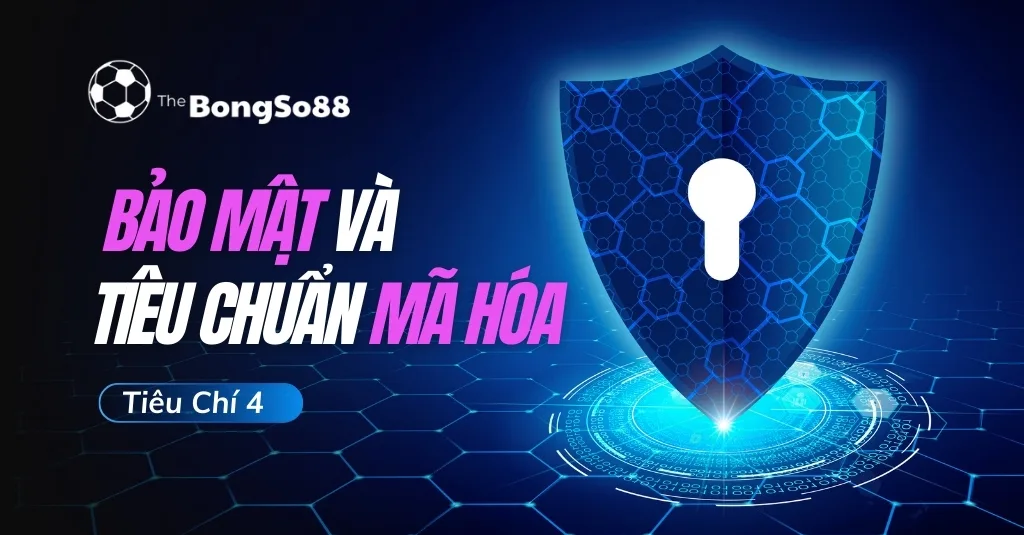 Bảo mật và tiêu chuẩn mã hóa của TheBongSo88 với biểu tượng chiếc khiên màu xanh công nghệ và lỗ khóa an toàn.