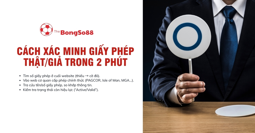 Hướng dẫn cách xác minh giấy phép thật/giả và hình ảnh một người đàn ông trong bộ vest cầm tấm biển hình tròn (đúng).