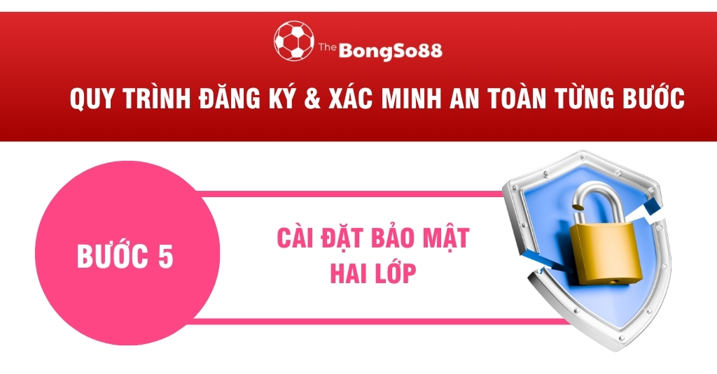 Bước 5 trong quy trình đăng ký BongSo88: Cài đặt bảo mật hai lớp, minh họa bằng biểu tượng chiếc khiên và ổ khóa vàng.