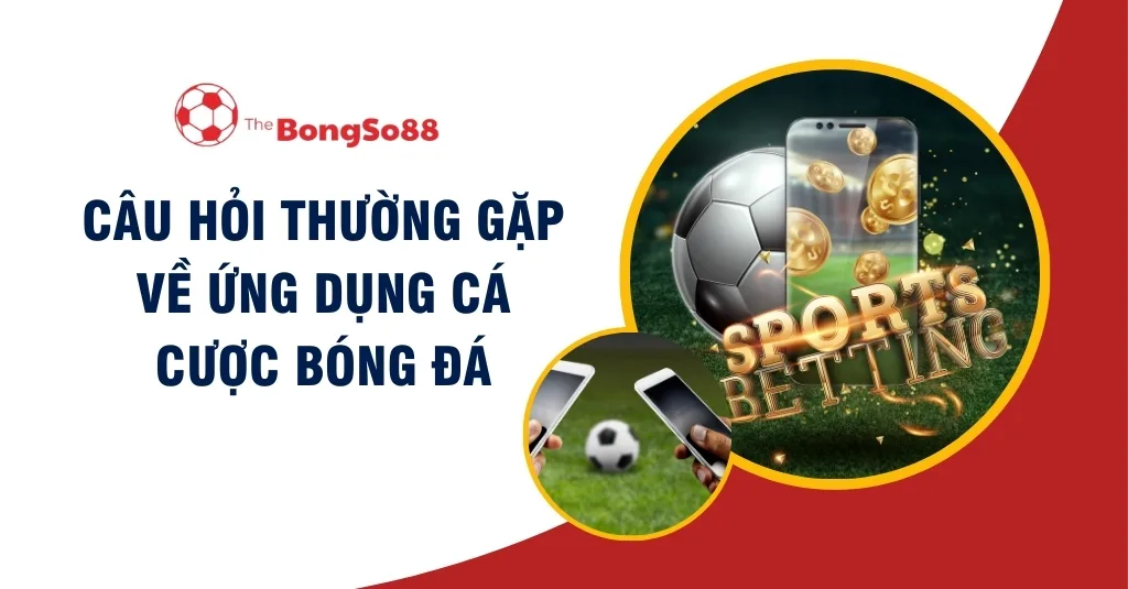 "Câu hỏi thường gặp về ứng dụng cá cược bóng đá" với hình minh họa điện thoại thông minh hiển thị quả bóng và tiền vàng.
