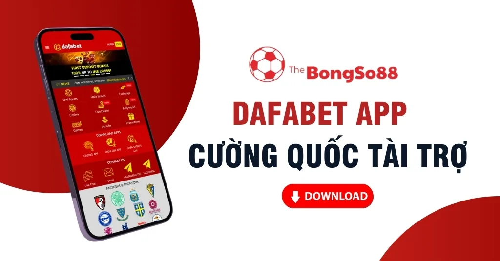 Điện thoại thông minh hiển thị giao diện ứng dụng cá cược Dafabet với thông điệp "Dafabet App Cường Quốc Tài Trợ".