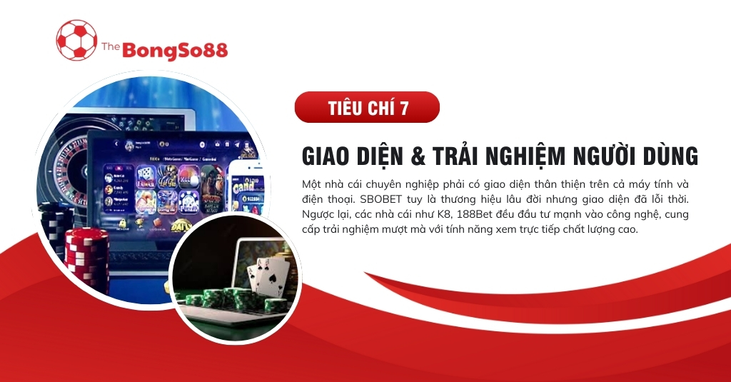Tiêu chí 7: Giao diện và trải nghiệm người dùng, minh họa bằng màn hình game casino trực tuyến trên máy tính và điện thoại.