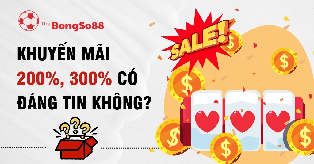 Câu hỏi "Khuyến mãi 200%, 300% có đáng tin không?" bên cạnh hình ảnh máy slot game, tiền vàng và logo TheBongSo88.