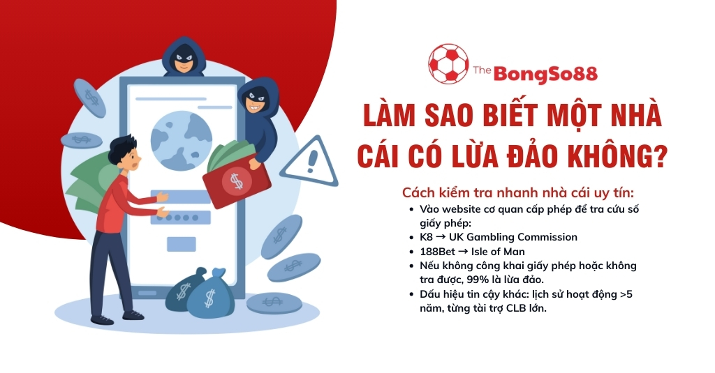 Dấu hiệu nhận biết nhà cái lừa đảo với hình ảnh kẻ gian lấy tiền qua điện thoại và câu hỏi "Làm sao biết một nhà cái có lừa đảo không?".