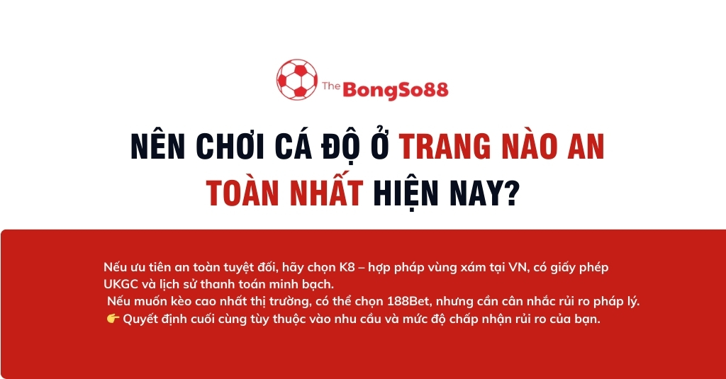 Tiêu đề "Nên chơi cá độ ở trang nào an toàn nhất hiện nay?" và các tiêu chí lựa chọn nhà cái dựa trên độ an toàn và rủi ro.