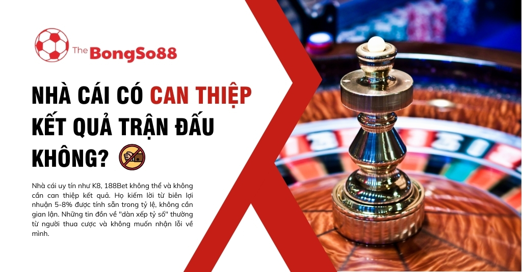 Câu hỏi liệu nhà cái có can thiệp kết quả trận đấu không, với hình ảnh minh họa là bánh xe roulette trong sòng bạc.