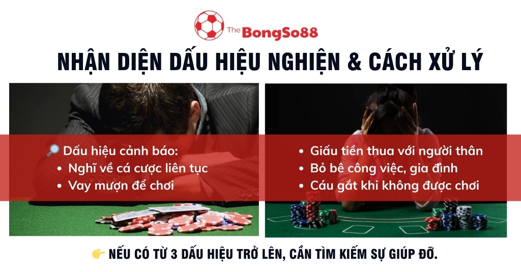 Đồ họa thông tin nhận diện dấu hiệu nghiện cờ bạc như vay mượn để chơi, bỏ bê gia đình và cách xử lý.