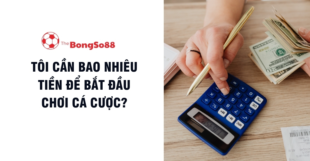 Người dùng máy tính và cầm tiền đô la bên cạnh câu hỏi "Tôi cần bao nhiêu tiền để bắt đầu chơi cá cược?".