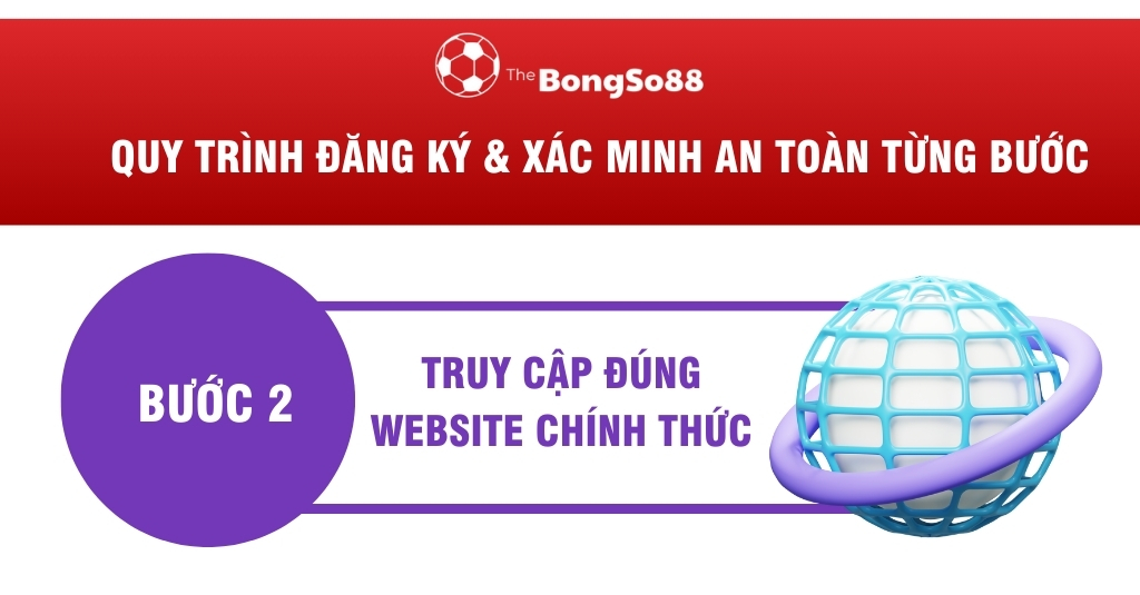 Bước 2 trong quy trình đăng ký an toàn của The BongSo88: Truy cập đúng website chính thức, minh họa bằng icon quả địa cầu.