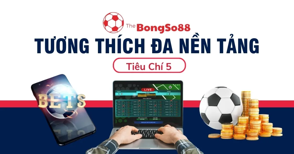 Tính năng tương thích đa nền tảng của ứng dụng cá cược, hiển thị trên laptop và điện thoại cùng với quả bóng và tiền vàng.