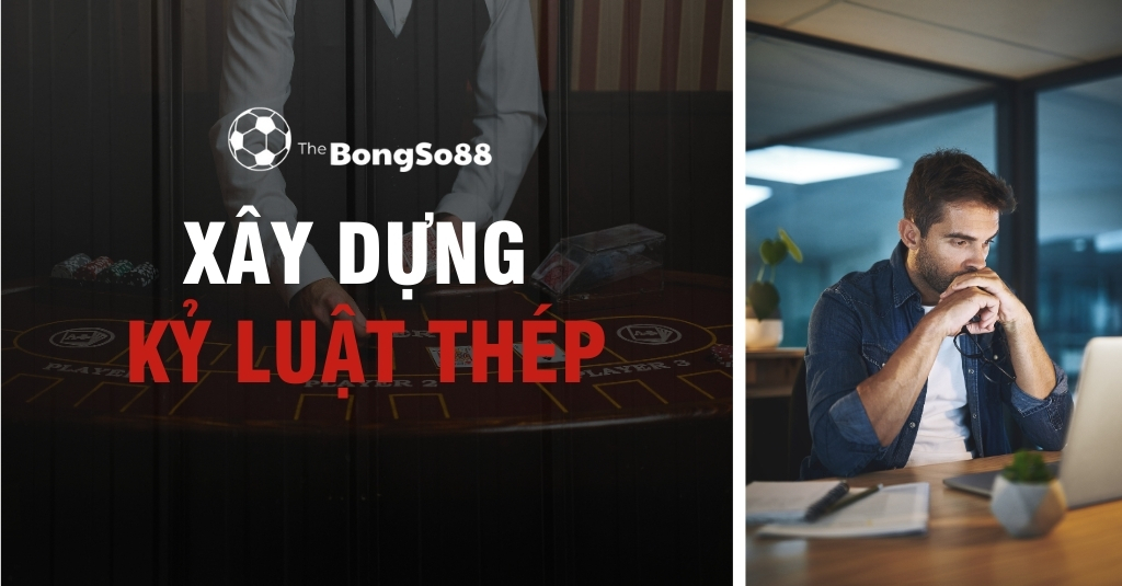 Người đàn ông tập trung nhìn vào laptop bên cạnh hình ảnh bàn casino với dòng chữ "The BongSo88 - XÂY DỰNG KỶ LUẬT THÉP".