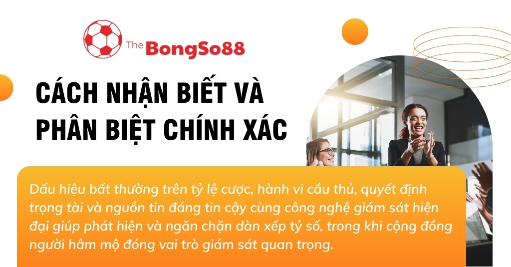 Nhóm người vỗ tay tán thưởng, bên cạnh là tiêu đề "Cách nhận biết và phân biệt chính xác" về việc ngăn chặn dàn xếp tỷ số.
