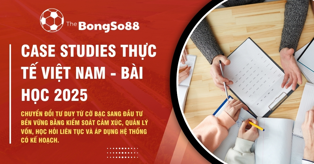 Case studies thực tế Việt Nam - Bài học 2025, với hình ảnh một nhóm người đang phân tích tài liệu và lập kế hoạch.