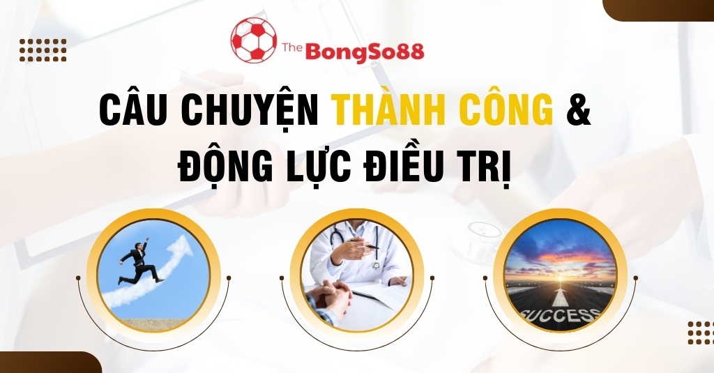 Banner "Câu chuyện thành công & động lực điều trị" của The BongSo88 với 3 biểu tượng: phát triển, tư vấn y tế và thành công.