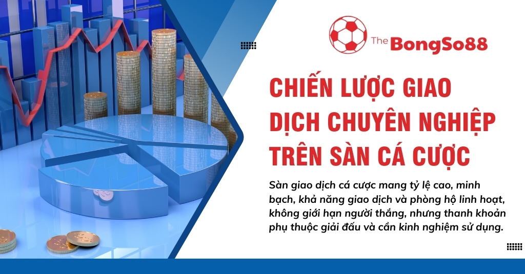 Chiến lược giao dịch chuyên nghiệp trên sàn cá cược, minh họa bằng các biểu đồ tài chính 3D và những chồng tiền vàng.
