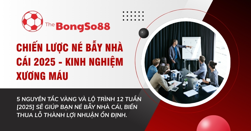 Một chuyên gia đang thuyết trình về "Chiến lược né bẫy nhà cái 2025" cho một nhóm học viên trong phòng họp.