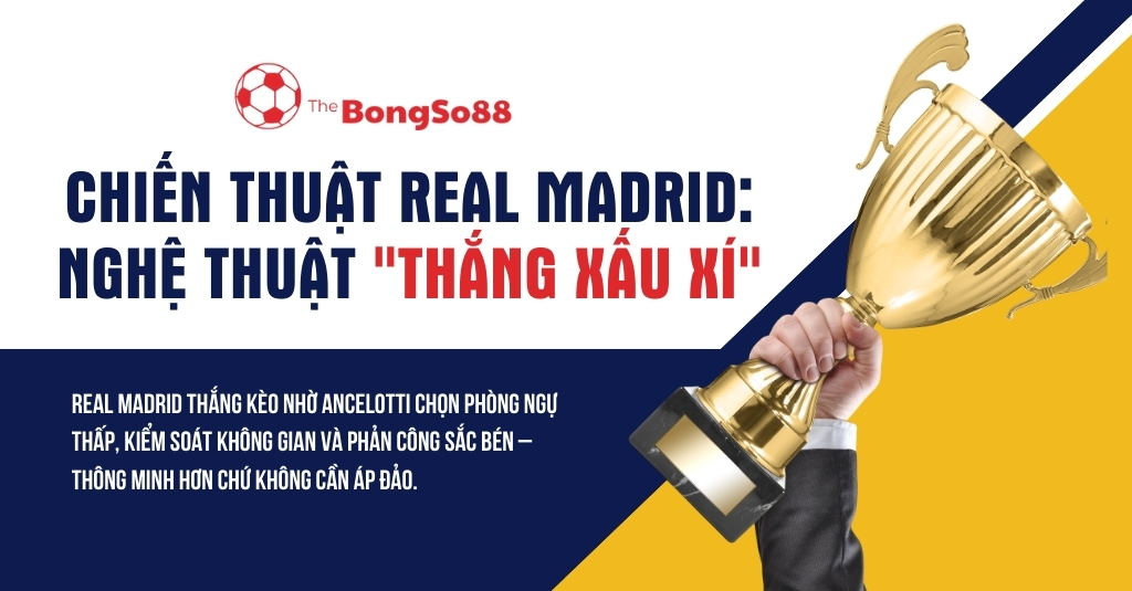 Tay cầm cúp vàng với tiêu đề "CHIẾN THUẬT REAL MADRID: NGHỆ THUẬT 'THẮNG XẤU XÍ'" của The BongSo88.