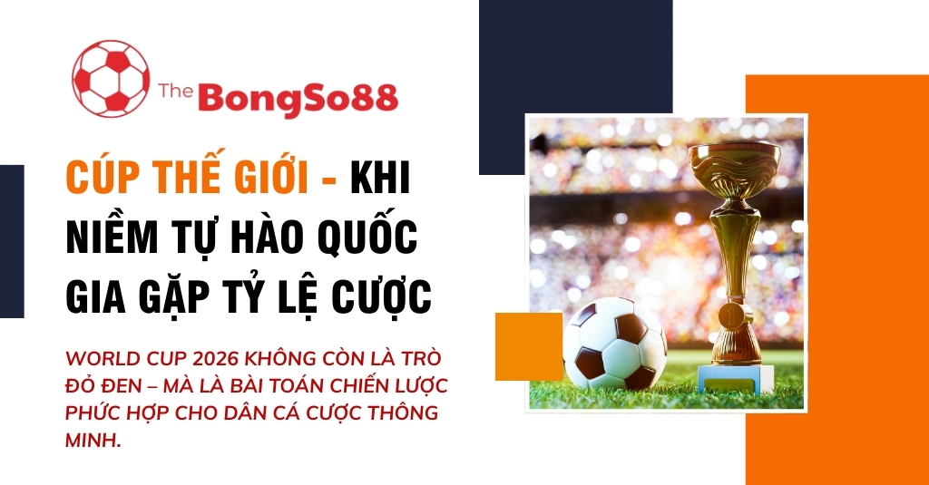Chiếc cúp vàng World Cup và quả bóng trên sân vận động, với dòng chữ "Cúp Thế Giới - Khi niềm tự hào quốc gia gặp tỷ lệ cược".