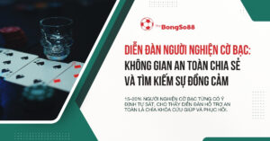 Ly hình đầu lâu bên các lá bài. Tiêu đề: "Diễn đàn người nghiện cờ bạc: Không gian an toàn chia sẻ và tìm kiếm sự đồng cảm".