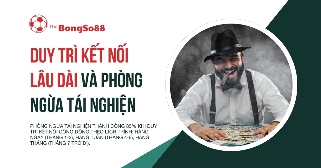 Người đàn ông hút xì gà cười lớn bên bàn tiền và bài. Tiêu đề: "Duy trì kết nối lâu dài và phòng ngừa tái nghiện".