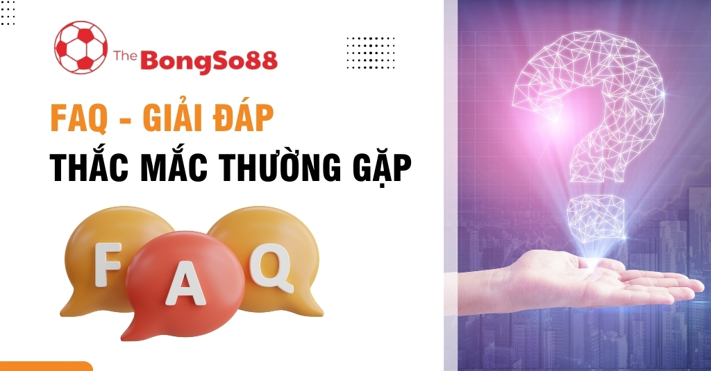 Tiêu đề "FAQ - Giải đáp thắc mắc thường gặp" với bong bóng chat và biểu tượng dấu hỏi kỹ thuật số trên lòng bàn tay.