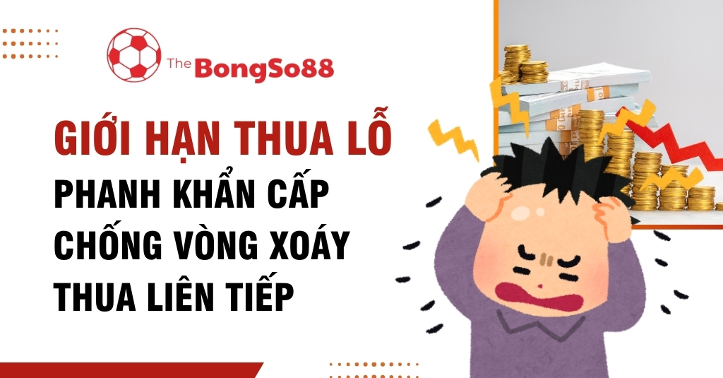 Người đàn ông hoạt hình căng thẳng vì thua lỗ bên cạnh tiêu đề "Giới hạn thua lỗ phanh khẩn cấp chống vòng xoáy thua liên tiếp".
