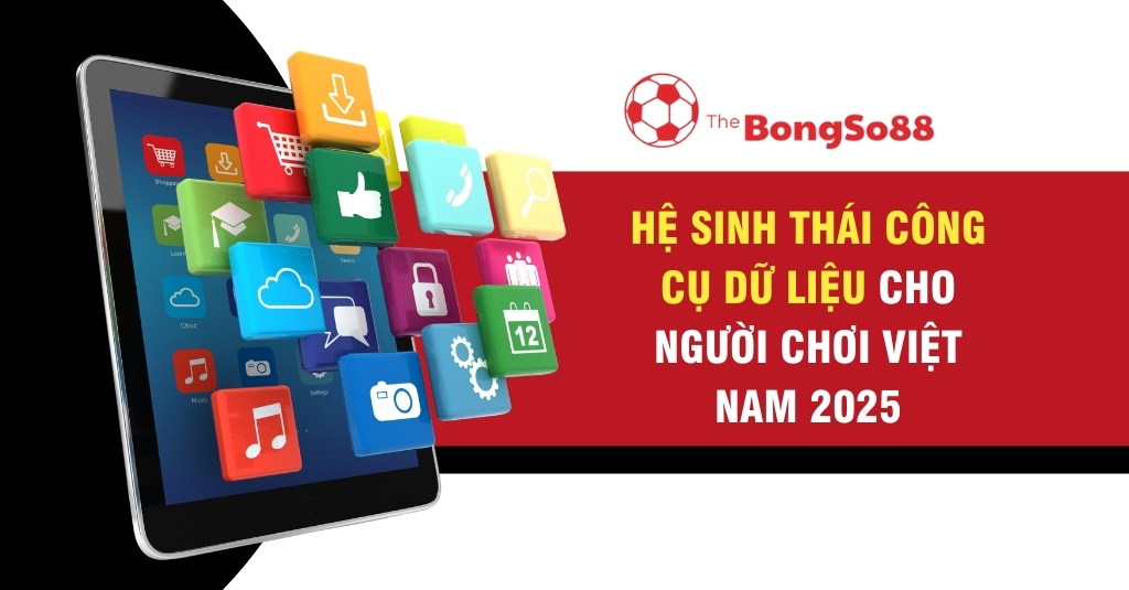 Hệ sinh thái công cụ dữ liệu The BongSo88 với máy tính bảng và các biểu tượng ứng dụng bay ra khỏi màn hình.