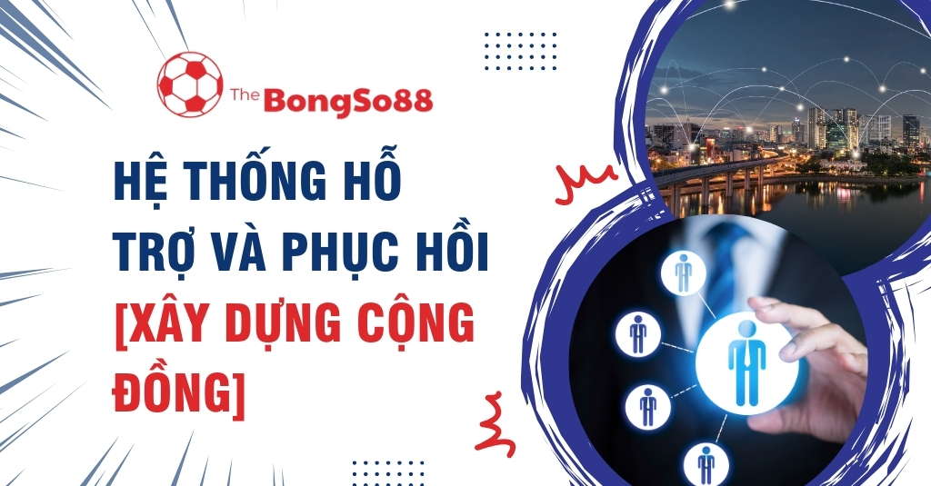 Hệ thống hỗ trợ và phục hồi, xây dựng cộng đồng, minh họa bằng hình ảnh mạng lưới kết nối con người và thành phố.