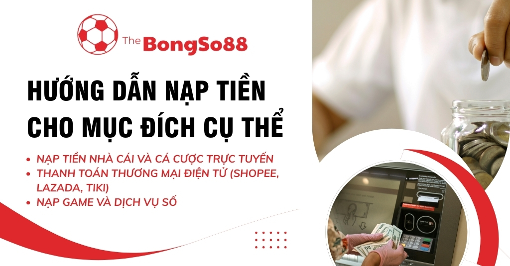 Hướng dẫn nạp tiền cho cá cược, thương mại điện tử, game với hình ảnh người dùng ATM và bỏ tiền tiết kiệm vào hũ.
