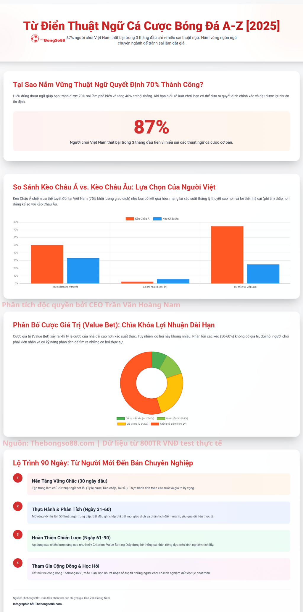 Infographic "Từ Điển Thuật Ngữ Cá Cược Bóng Đá A-Z" giải thích lý do 87% người chơi thất bại và lộ trình 90 ngày thành công.