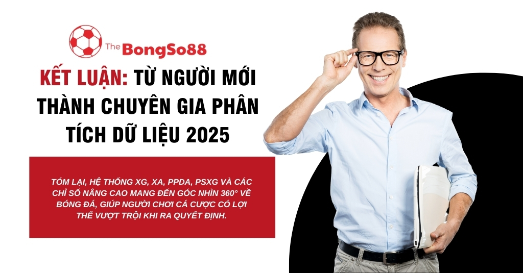 Người đàn ông chuyên gia mỉm cười bên cạnh tiêu đề "Kết luận: Từ người mới thành chuyên gia phân tích dữ liệu 2025".