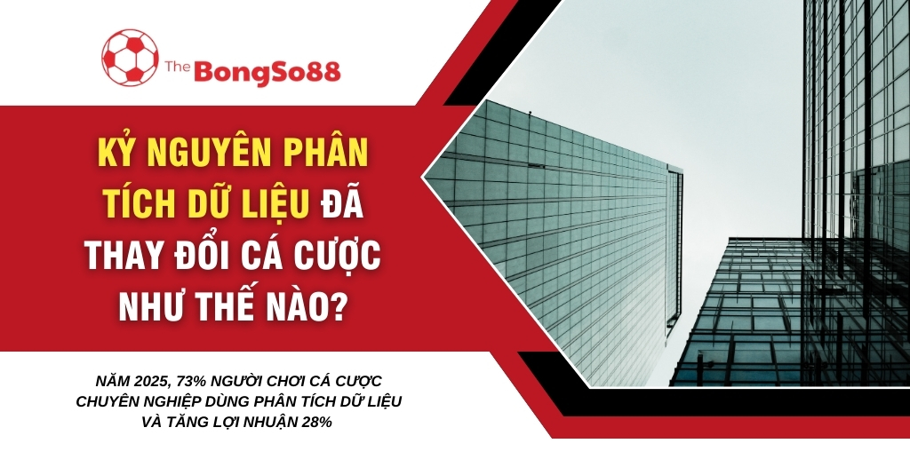 Đồ họa về kỷ nguyên phân tích dữ liệu thay đổi cá cược, với hình ảnh tòa nhà chọc trời và logo The BongSo88.