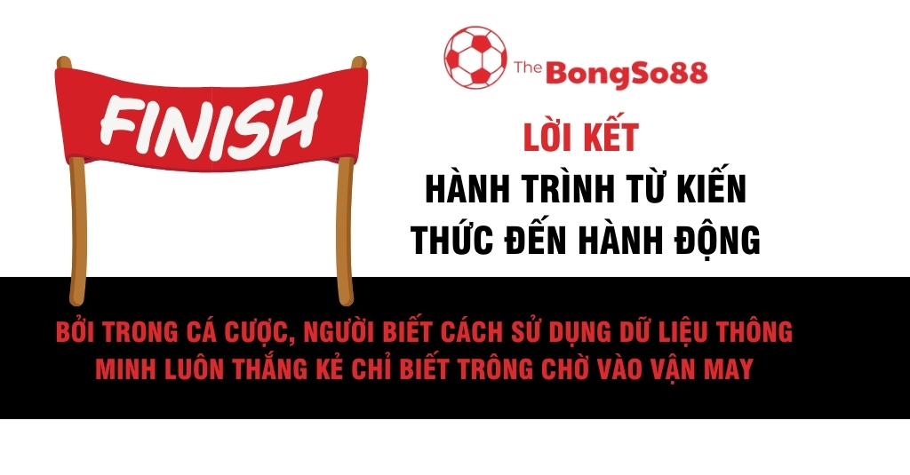 Dải băng về đích "FINISH" và lời kết cho hành trình từ kiến thức đến hành động trong cá cược, nhấn mạnh dữ liệu sẽ thắng vận may.