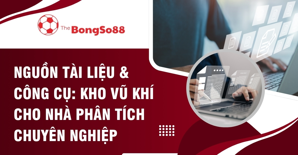 Người dùng laptop truy cập tài liệu số, với tiêu đề "Nguồn tài liệu & công cụ: Kho vũ khí cho nhà phân tích chuyên nghiệp".
