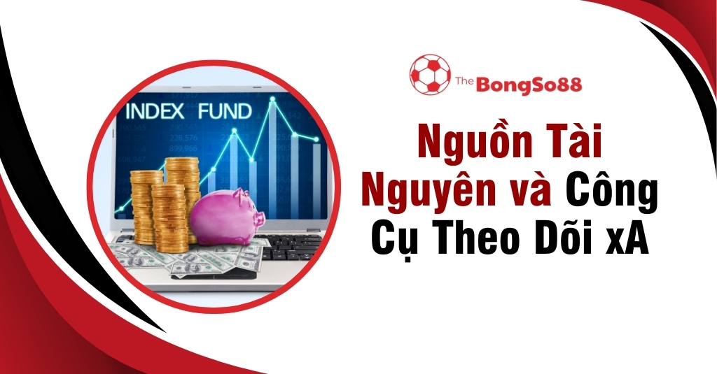 Laptop hiển thị biểu đồ quỹ chỉ số "INDEX FUND" với tiền xu, tiền giấy và heo đất, bên cạnh là tiêu đề "Nguồn Tài Nguyên".