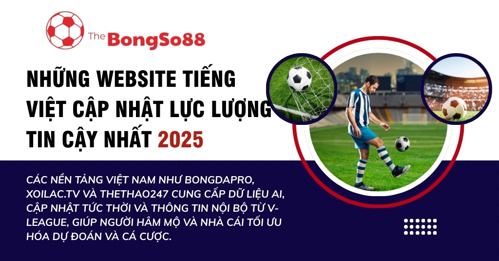 "Những website tiếng Việt cập nhật lực lượng tin cậy nhất 2025" với hình ảnh cầu thủ bóng đá và logo The BongSo88.