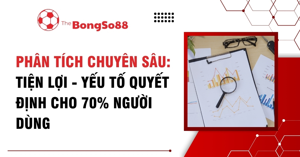 Kính lúp trên biểu đồ phân tích dữ liệu, với tiêu đề "Tiện lợi - Yếu tố quyết định cho 70% người dùng" và logo The BongSo88.