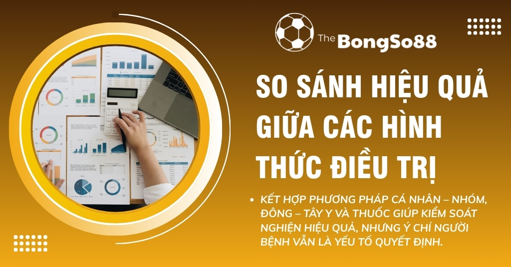 Banner "So sánh hiệu quả giữa các hình thức điều trị" với hình ảnh người đang phân tích biểu đồ và dữ liệu trên bàn làm việc.
