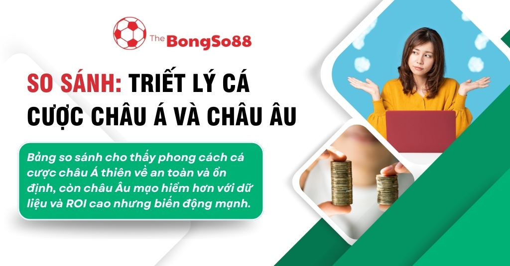 So sánh triết lý cá cược châu Á và châu Âu với hình ảnh người phụ nữ phân vân và hai chồng tiền xu khác nhau.