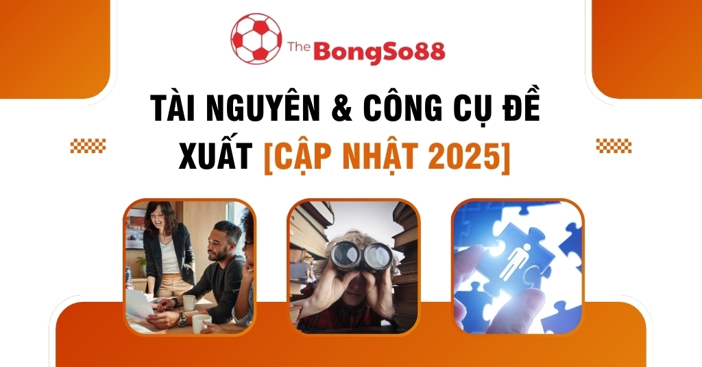 Banner "Tài nguyên & Công cụ Đề xuất [Cập nhật 2025]" với hình ảnh minh họa về hợp tác, nghiên cứu và tìm kiếm giải pháp nhân sự.