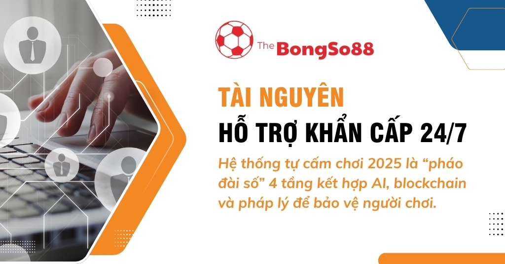 Bàn tay gõ phím với các biểu tượng người dùng và tiêu đề "Tài nguyên hỗ trợ khẩn cấp 24/7" về hệ thống bảo vệ người chơi.