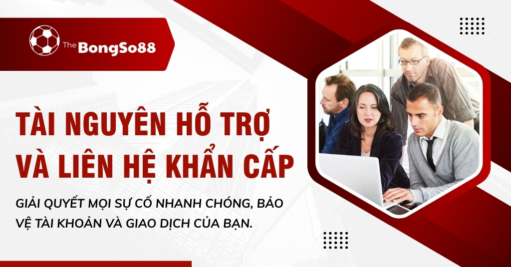 Nhóm nhân viên hỗ trợ khách hàng làm việc trên laptop với tiêu đề "Tài nguyên hỗ trợ và liên hệ khẩn cấp".