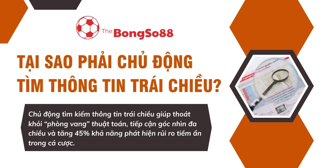 Tại sao phải chủ động tìm thông tin trái chiều? Hình ảnh kính lúp soi vào bài báo và logo The BongSo88.
