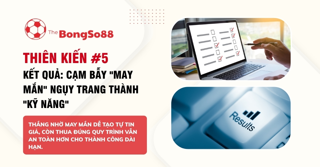 Infographic về thiên kiến kết quả: Cạm bẫy nhầm lẫn giữa may mắn và kỹ năng, minh họa bằng checklist và nút "Results".