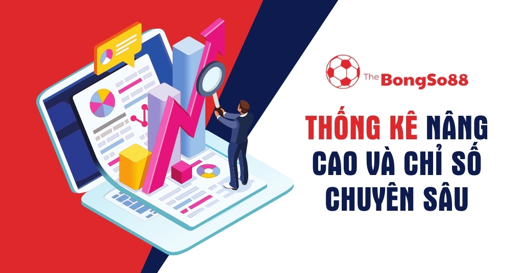 Người đàn ông dùng kính lúp phân tích biểu đồ dữ liệu trên laptop, với tiêu đề "Thống kê nâng cao và chỉ số chuyên sâu".